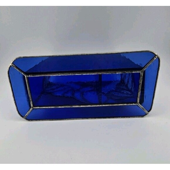 Hand Crafted Sturdy Stained Glass Blue and Milky White Translucent Glass, RH 84 - Picture 11 of 11